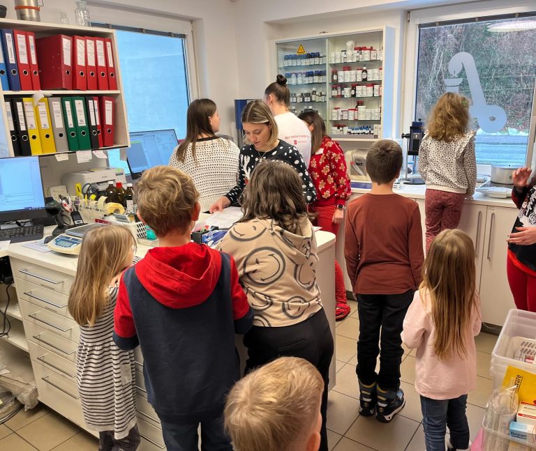 Kroki Schule zu Besuch in Apotheke Krems, SchülerInnen stehen bei Apothekerin und hören zu