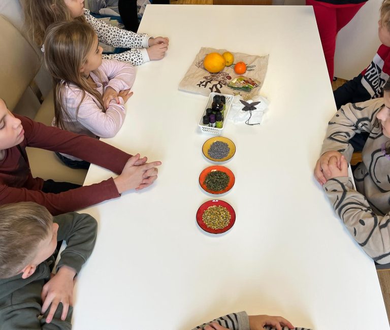 Kroki Schule zu Besuch in Apotheke Krems, Kinder am Tisch bei Duft-Erkennung